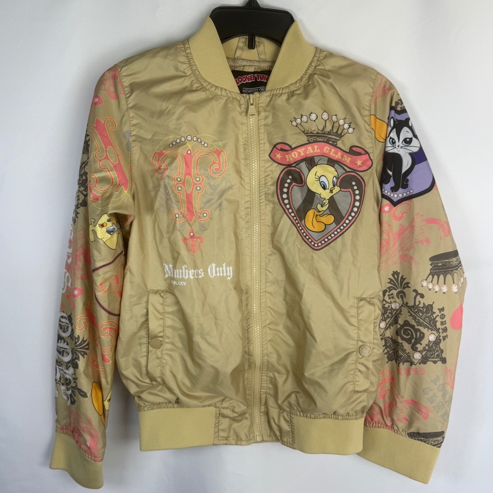 Looney Tunes Tweety Bird Bomber Jacket Tan Gold Royal Glam Small Academy 90s